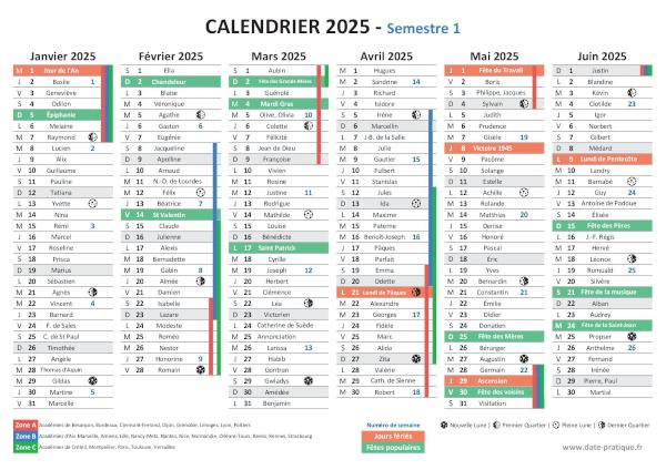 Calendrier 2025 avec saints, fêtes, jours fériés à télécharger et imprimer - Semestre N°1.