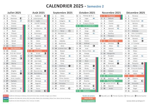 Calendrier 2025 avec saints, fêtes, jours fériés à télécharger et imprimer - Semestre N°2.