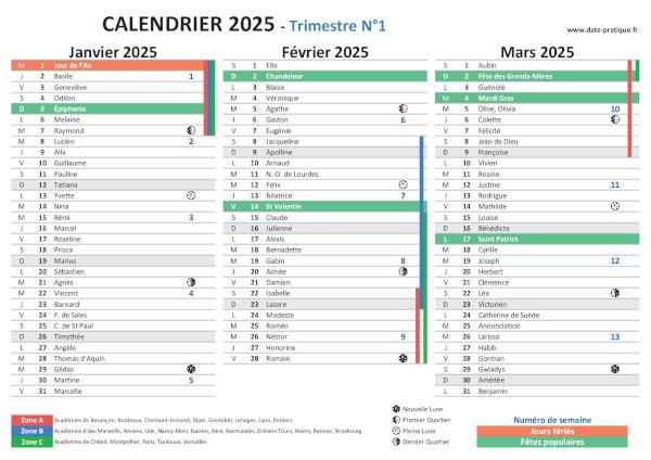 Calendrier 2025 avec saints, fêtes, jours fériés à télécharger et imprimer - Trimestre N°1.
