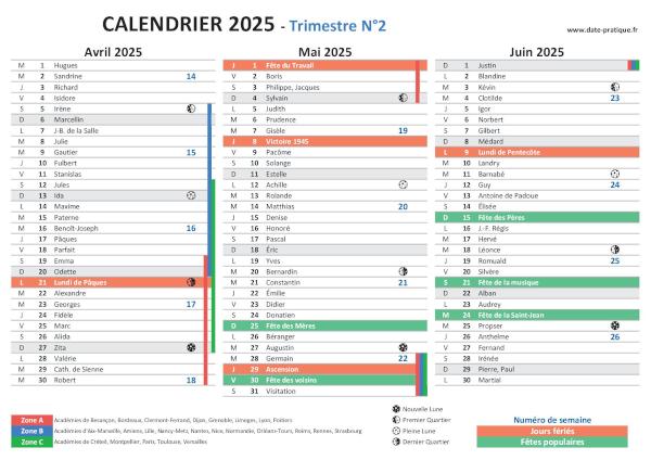 Calendrier 2025 avec saints, fêtes, jours fériés à télécharger et imprimer - Trimestre N°2.