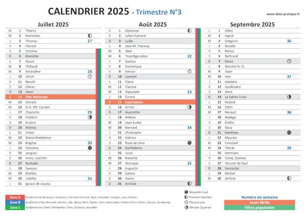 Calendrier 2025 avec saints, fêtes, jours fériés à télécharger et imprimer - Trimestre N°3.