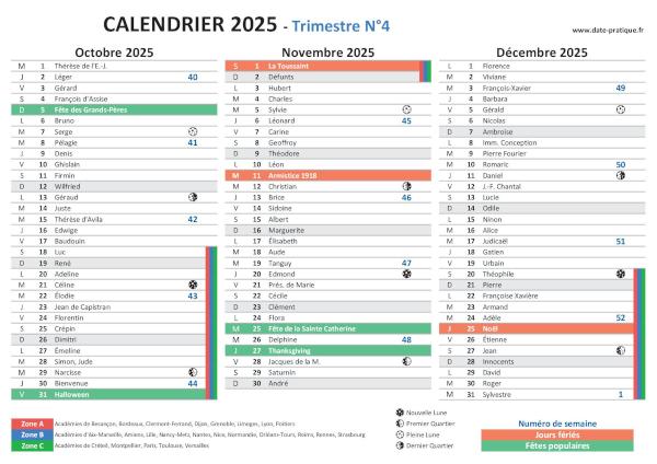 Calendrier 2025 avec saints, fêtes, jours fériés à télécharger et imprimer - Trimestre N°4.