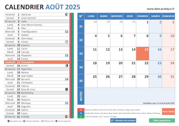 Calendrier d'août 2025 avec une double vue claire et colorée, incluant les jours fériés, fêtes populaires, saints du jour, vacances scolaires, phases lunaires et numéros de semaine.