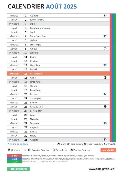 Calendrier du mois d'août 2025 avec fêtes, vacances scolaires, jours fériés et phases lunaires à imprimer gratuitement.