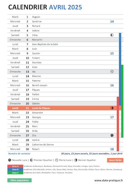 Calendrier mensuel d'Avril 2025 avec saints, fêtes, jours fériés, vacances scolaires, numéros de semaine et phases lunaires à télécharger gratuitement.