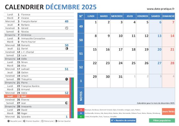 Calendrier de Décembre 2025 avec une double vue claire et colorée, incluant les jours fériés, fêtes populaires, saints du jour, vacances scolaires, phases lunaires et numéros de semaine.