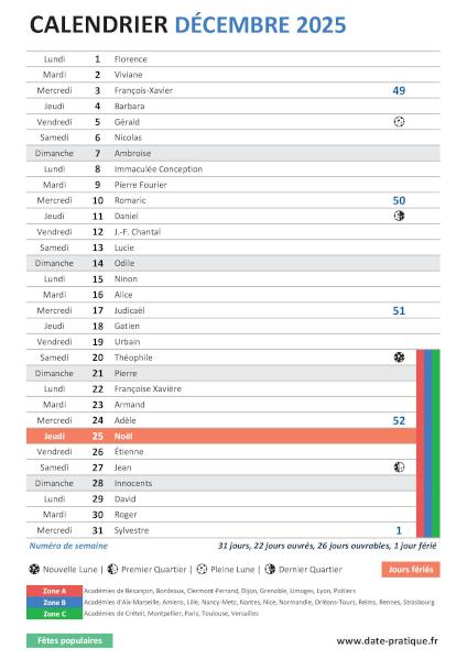 Calendrier du mois de Décembre 2025 avec fêtes, vacances scolaires, jours fériés et phases lunaires à imprimer gratuitement.