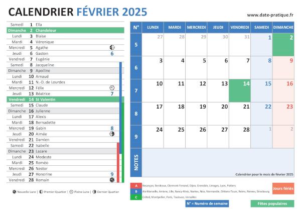 Calendrier de Février 2025 avec une double vue claire et colorée, incluant les jours fériés, fêtes populaires, saints du jour, vacances scolaires, phases lunaires et numéros de semaine.