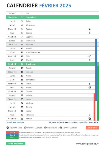 Calendrier du mois de février 2025 avec fêtes, vacances scolaires, jours fériés et phases lunaires à imprimer gratuitement.