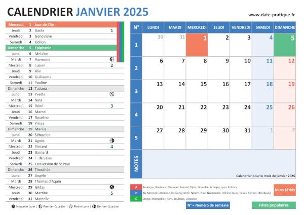 Calendrier de janvier 2025 avec une double vue claire et colorée, incluant les jours fériés, fêtes populaires, saints du jour, vacances scolaires, phases lunaires et numéros de semaine.