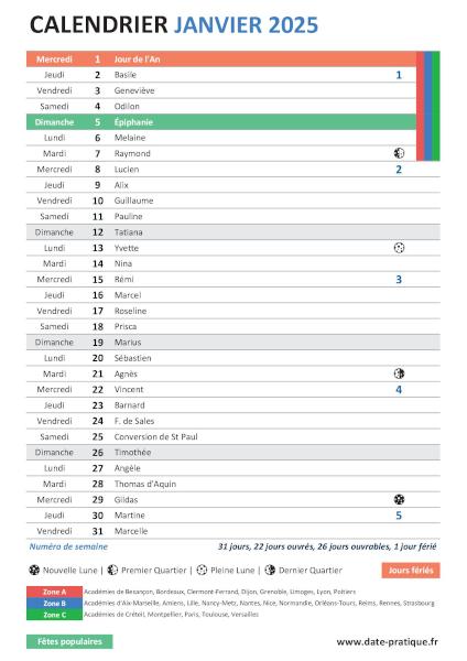 Calendrier de janvier 2025 avec fêtes, jours fériés et vacances scolaires.