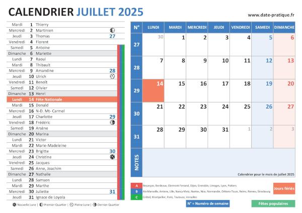 Calendrier de juillet 2025 avec une double vue claire et colorée, incluant les jours fériés, fêtes populaires, saints du jour, vacances scolaires, phases lunaires et numéros de semaine.