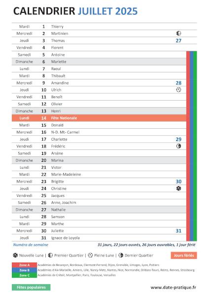 Calendrier du mois de Juillet 2025 avec fêtes, vacances scolaires, jours fériés et phases lunaires à imprimer gratuitement.