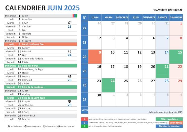 Calendrier de Juin 2025 avec une double vue claire et colorée, incluant les jours fériés, fêtes populaires, saints du jour, vacances scolaires, phases lunaires et numéros de semaine.