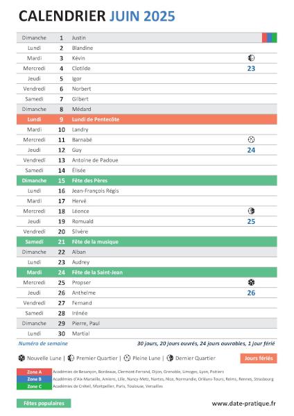 Calendrier du mois de Juin 2025 avec fêtes, vacances scolaires, jours fériés et phases lunaires à imprimer gratuitement.