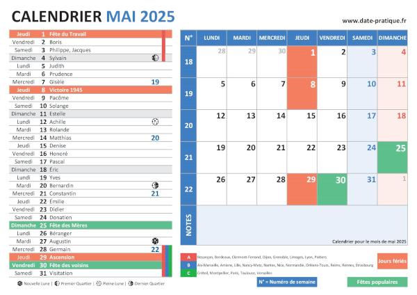 Calendrier de Mai 2025 avec une double vue claire et colorée, incluant les jours fériés, fêtes populaires, saints du jour, vacances scolaires, phases lunaires et numéros de semaine.