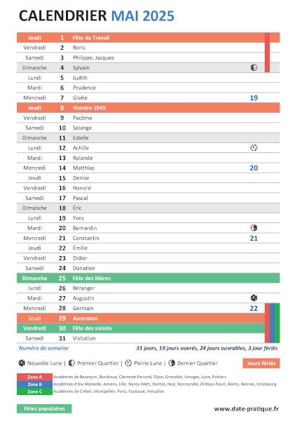 Calendrier mensuel de Mai 2025 avec saints, fêtes, jours fériés, vacances scolaires, numéros de semaine et phases lunaires à télécharger gratuitement.