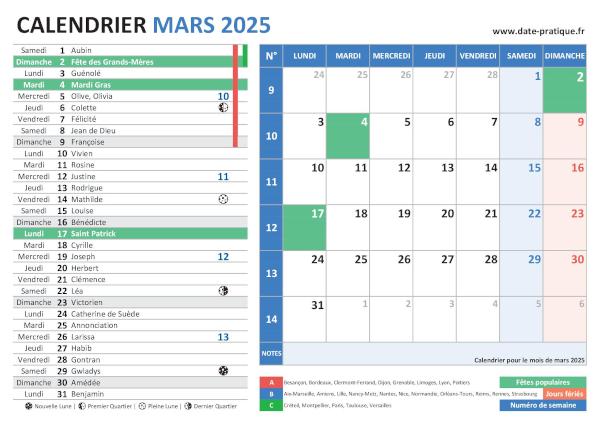 Calendrier de Mars 2025 avec une double vue claire et colorée, incluant les jours fériés, fêtes populaires, saints du jour, vacances scolaires, phases lunaires et numéros de semaine.