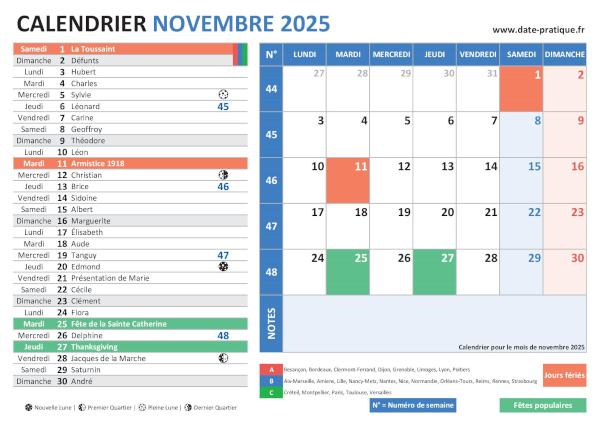 Calendrier de novembre 2025 avec une double vue claire et colorée, incluant les jours fériés, fêtes populaires, saints du jour, vacances scolaires, phases lunaires et numéros de semaine.