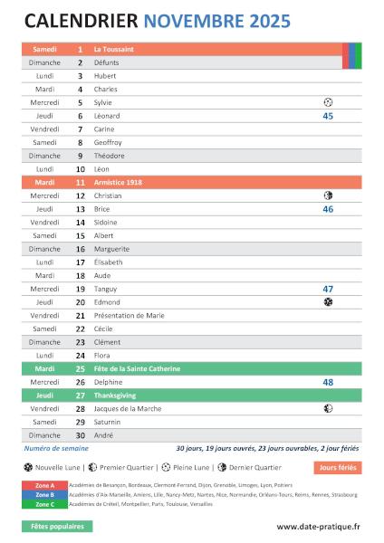 Calendrier du mois de novembre 2025 avec fêtes, vacances scolaires, jours fériés et phases lunaires à imprimer gratuitement.
