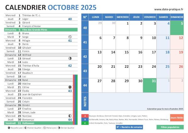 Calendrier d'Octobre 2025 avec une double vue claire et colorée, incluant les jours fériés, fêtes populaires, saints du jour, vacances scolaires, phases lunaires et numéros de semaine.
