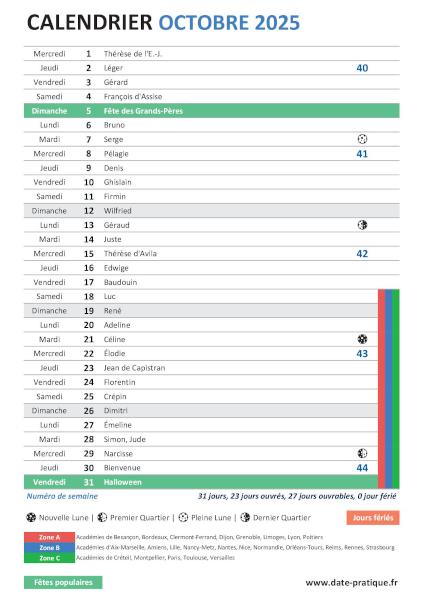 Calendrier du mois d'octobre 2025 avec fêtes, vacances scolaires, jours fériés et phases lunaires à imprimer gratuitement.