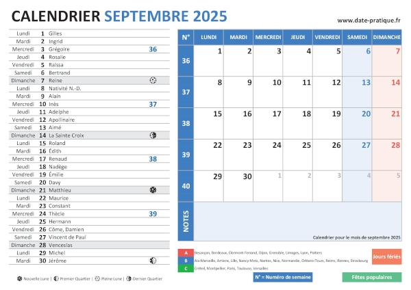 Calendrier de septembre 2025 avec une double vue claire et colorée, incluant les jours fériés, fêtes populaires, saints du jour, vacances scolaires, phases lunaires et numéros de semaine.