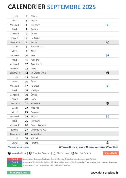 Calendrier du mois de septembre 2025 avec fêtes, vacances scolaires, jours fériés et phases lunaires à imprimer gratuitement.