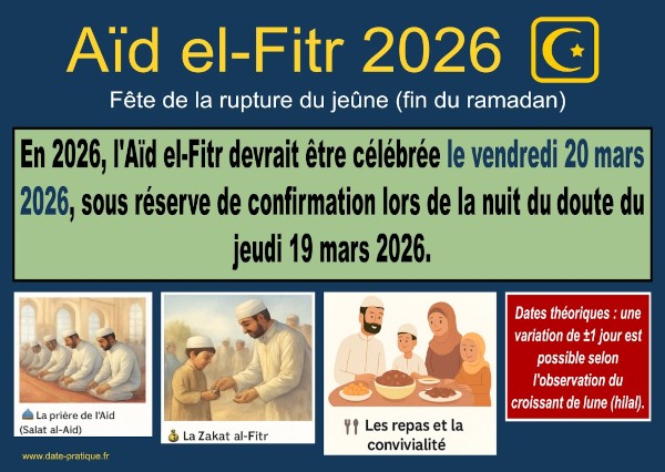 Infographie sur la fête musulmane de l'Aïd el-Fitr 2026 en France : date, prière, Zakat et repas de fête