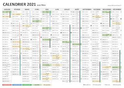 Calendrier 2021 avec fêtes, vacances et jours fériés