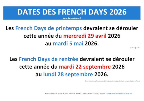 Dates des French Days 2026 - Mois avril-mai et septembre 2026.