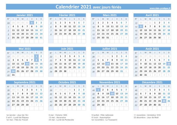 Calendrier 2021 avec jours fériés.