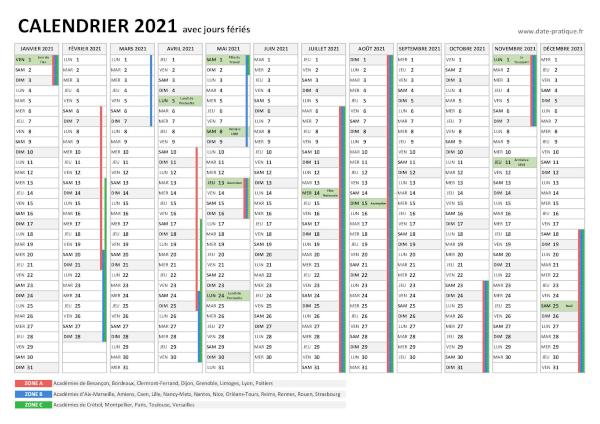 Calendrier 2021 avec jours fériés