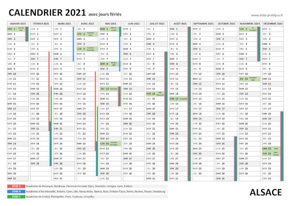 Calendrier 2021 avec jours fériés à imprimer - Alsace.