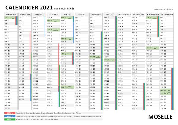 Calendrier 2021 avec jours fériés à imprimer - Moselle.
