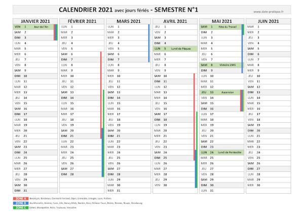 Calendrier 2021 avec jours fériés - Semestre N°1.