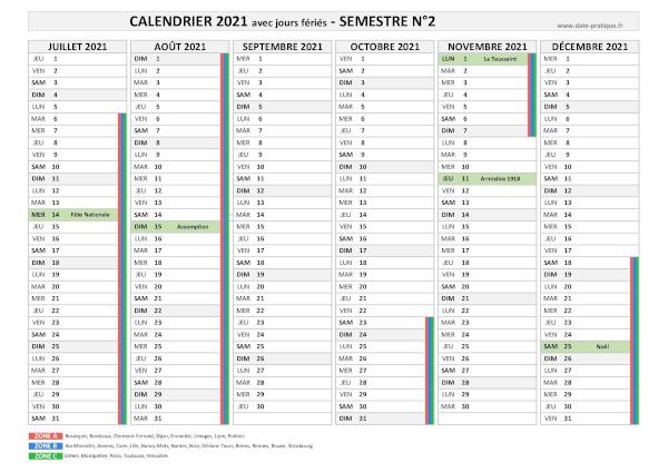 Calendrier 2021 avec jours fériés - Semestre N°2.