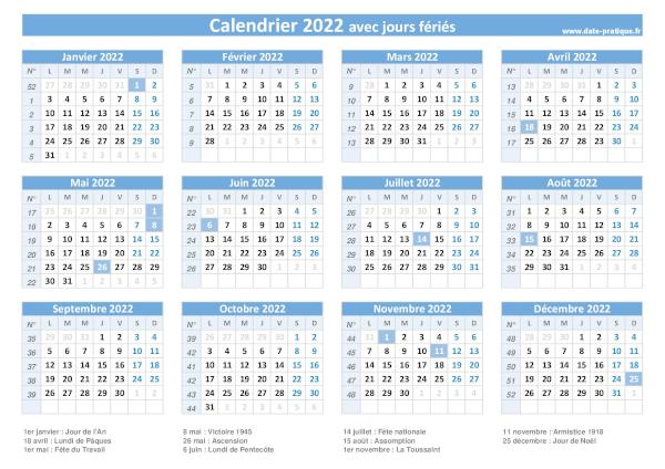 Calendrier 2022 avec jours fériés