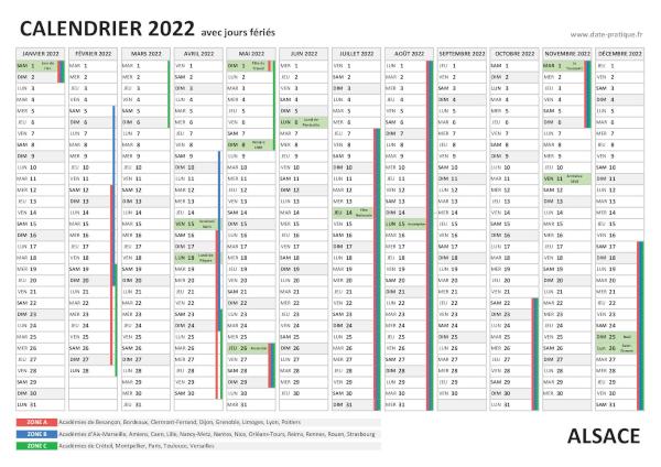 Calendrier 2022 avec jours fériés - Alsace