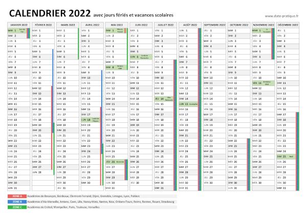 Calendrier 2022 avec jours fériés et vacances scolaires à imprimer.