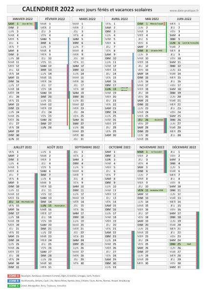 Calendrier 2022 avec jours fériés et vacances scolaires - Format portrait.