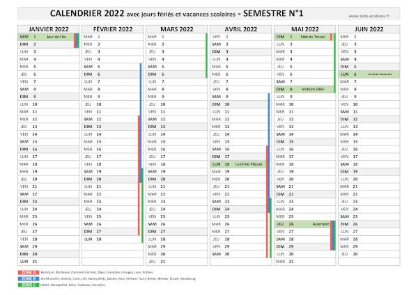 Calendrier 2022 avec jours fériés et vacances scolaires - Semestre N°1.