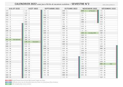 Calendrier 2022 semestriel : semestre N°2.