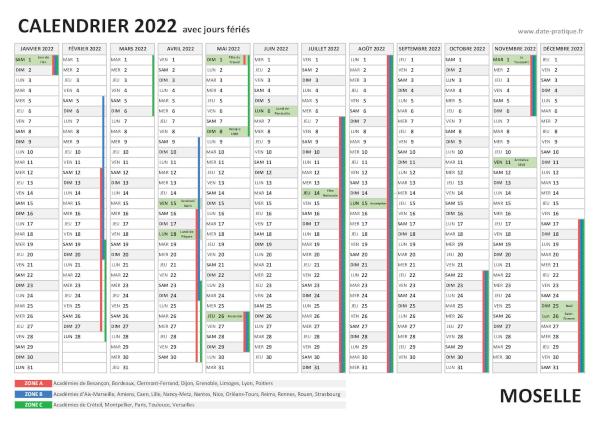 Calendrier 2022 avec jours fériés - Moselle