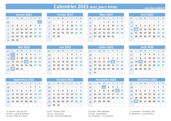 Calendrier 2023 avec jours fériés