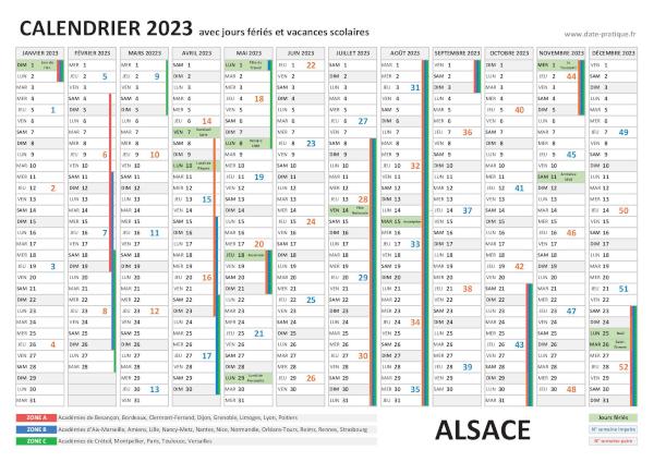 Calendrier 2023 avec jours fériés - Alsace