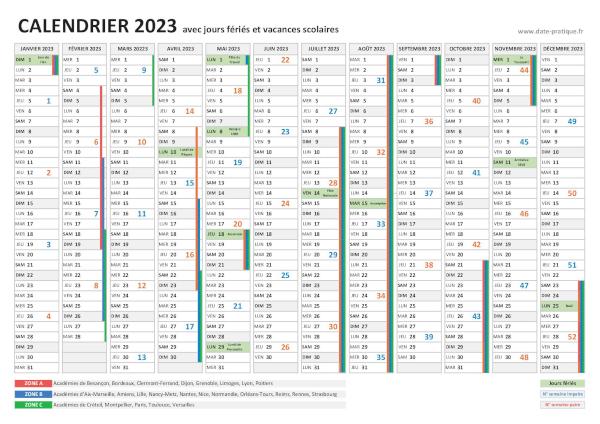 Calendrier 2023 avec jours fériés et vacances scolaires à imprimer.