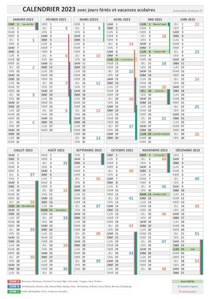 Calendrier 2023 avec jours fériés et vacances scolaires - Format portrait.