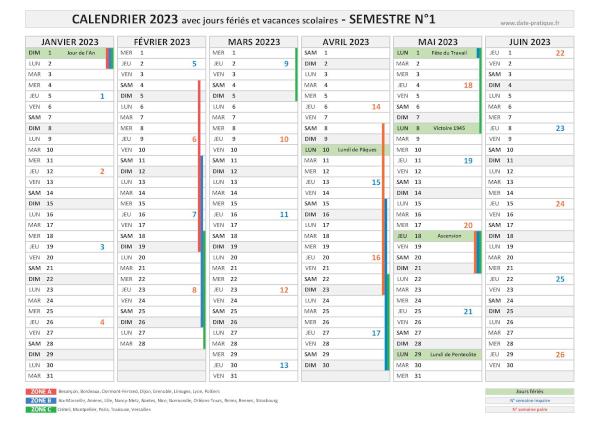 Calendrier 2023 avec jours fériés et vacances scolaires - Semestre N°1.
