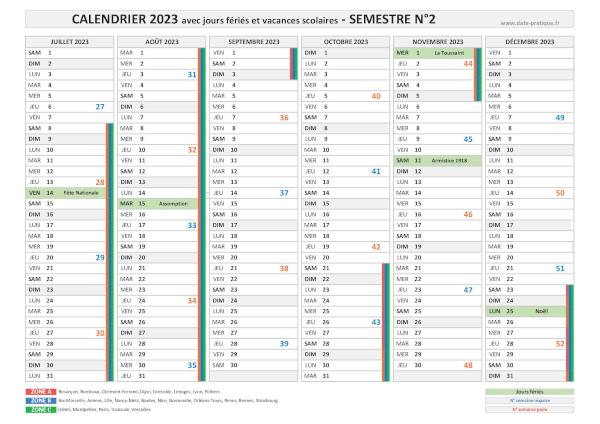 Calendrier 2023 avec jours fériés et vacances scolaires - Semestre N°2.